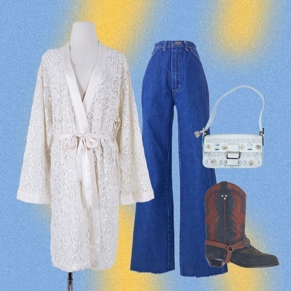 Vintage Lace Robe Bell Sleeve Long belted peignoir satin angel kimono duster - Picture 3 of 17